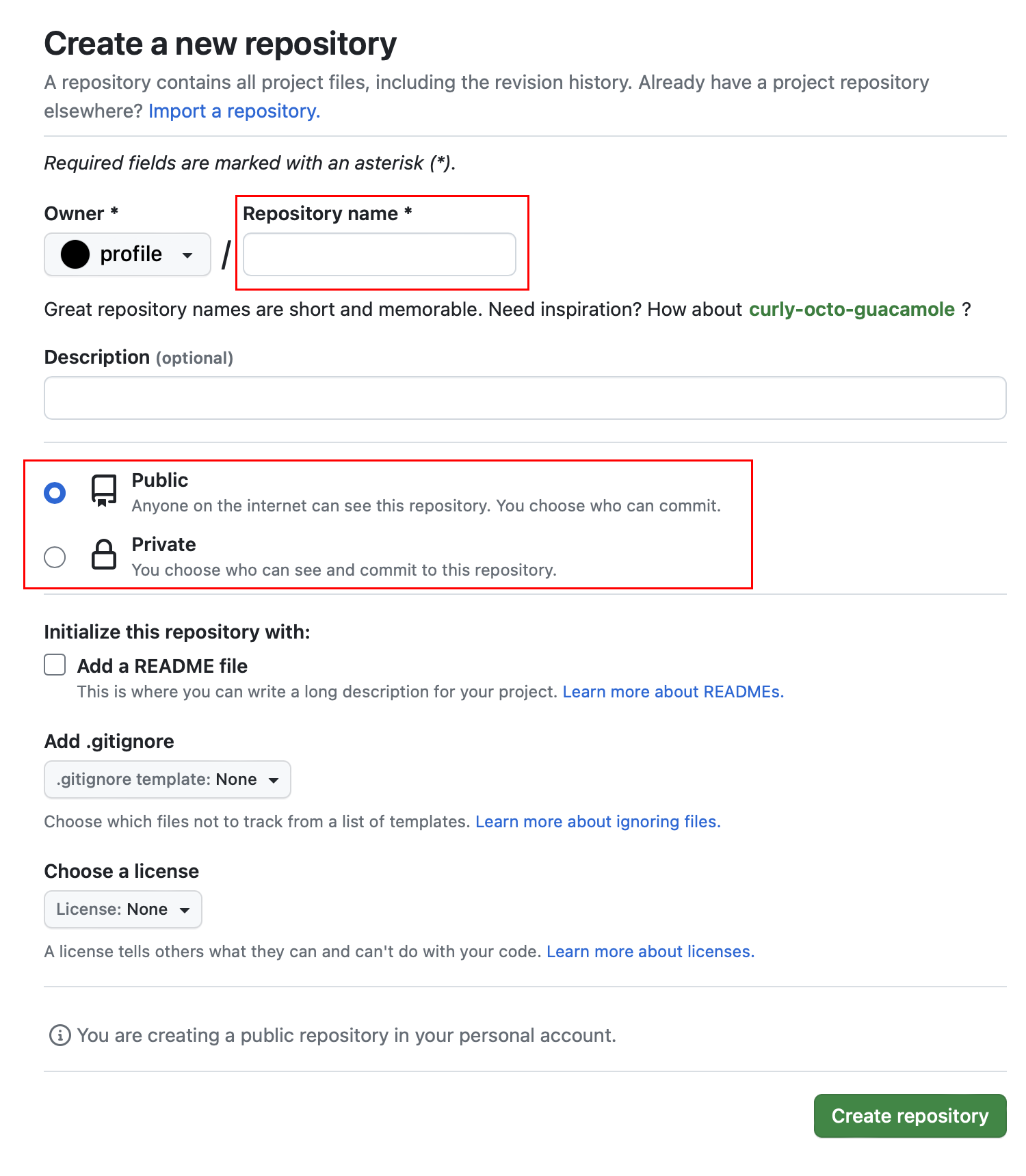 Настройки нового репозитория с обведёнными красным обязательным полем «Repository name» и чекбоксами «Public» и «Private»